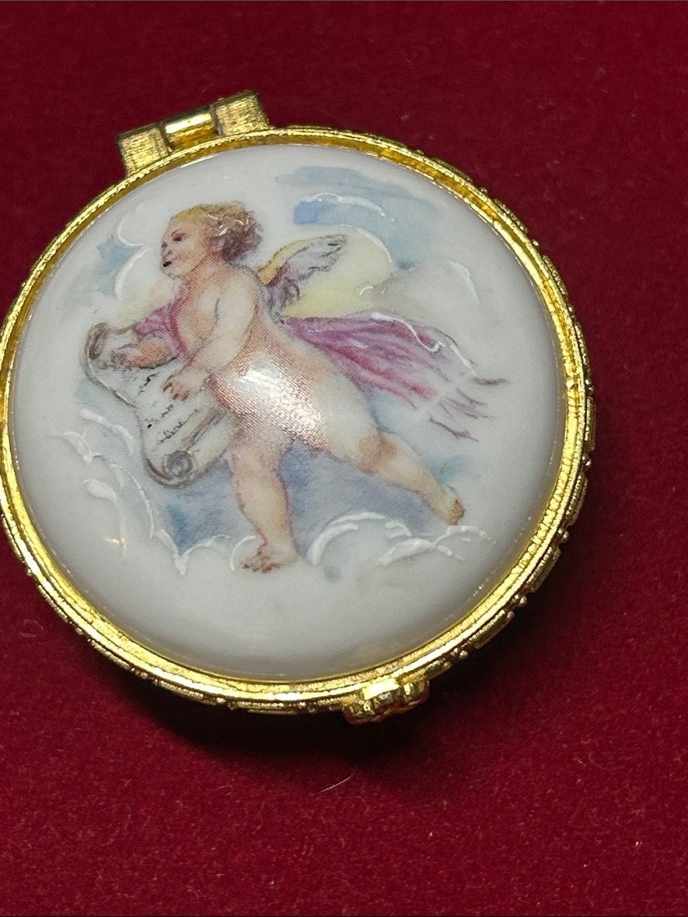 Gold-Tone Porcelain Cherub Compact Locket - White and Pink Accent